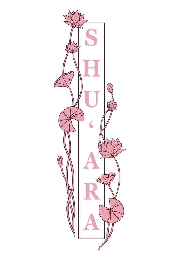 Decorative design with pink floral elements and 'SHU'ARA' text on a white background